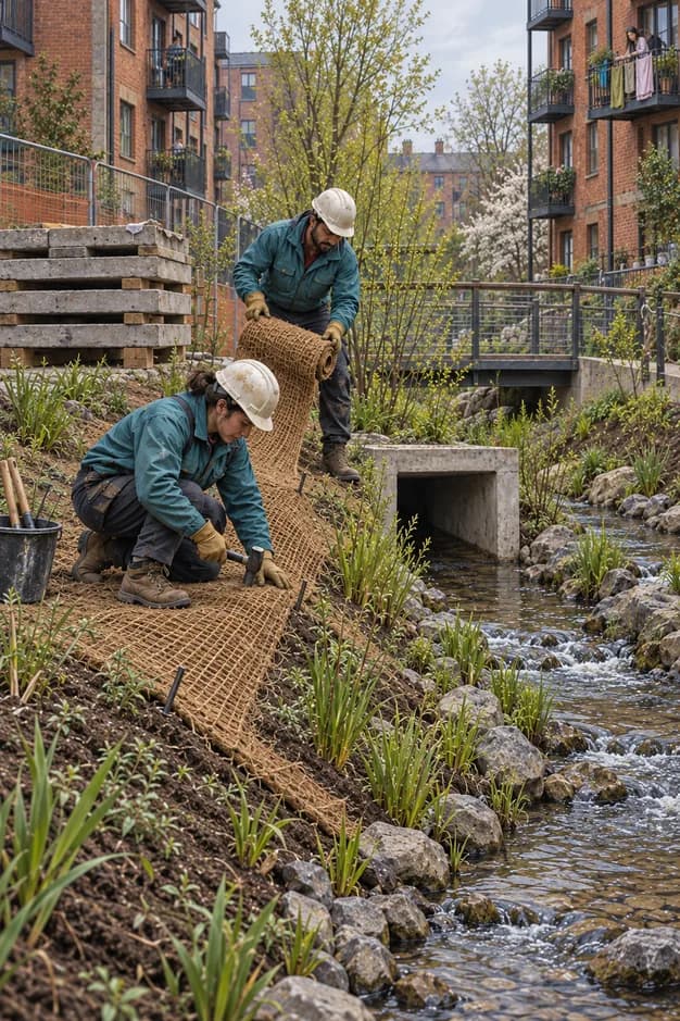 Two workers fit coir matting beside a newly opened stream between brick apartment buildings.