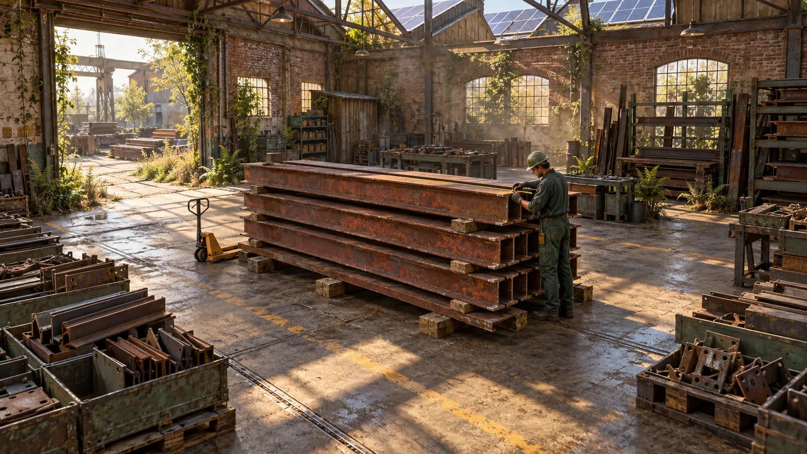 A worker measures reclaimed steel beams stacked on timber supports in a sunlit brick salvage hall.