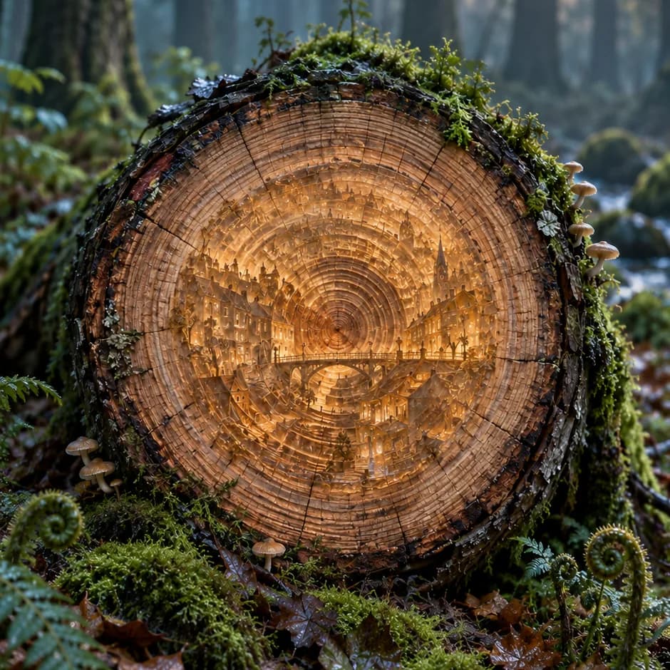 Amber miniature streets and a bridge glow within a fallen tree's growth rings, surrounded by moss and ferns.