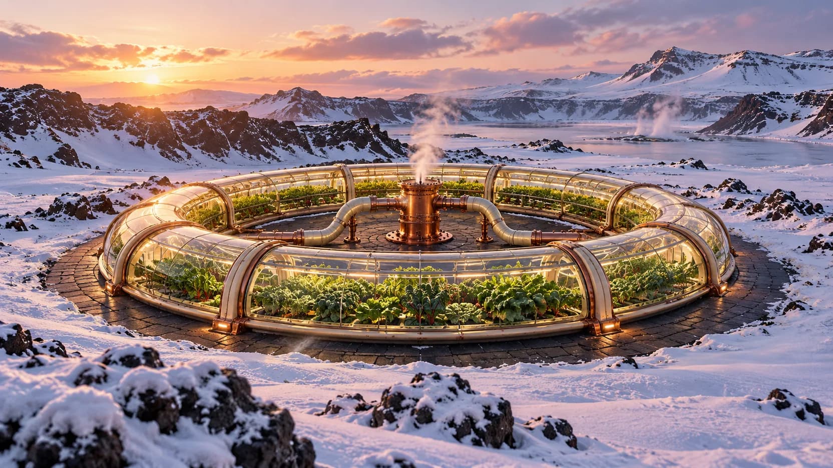 A circular glasshouse surrounds copper geothermal pipes amid snowy basalt mountains at sunrise.