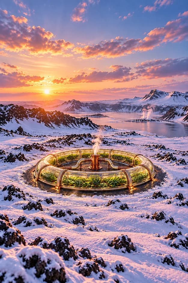 A circular glasshouse surrounds copper geothermal pipes amid snowy basalt mountains at sunrise.