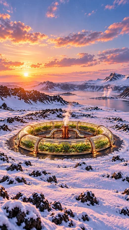 A circular glasshouse surrounds copper geothermal pipes amid snowy basalt mountains at sunrise.