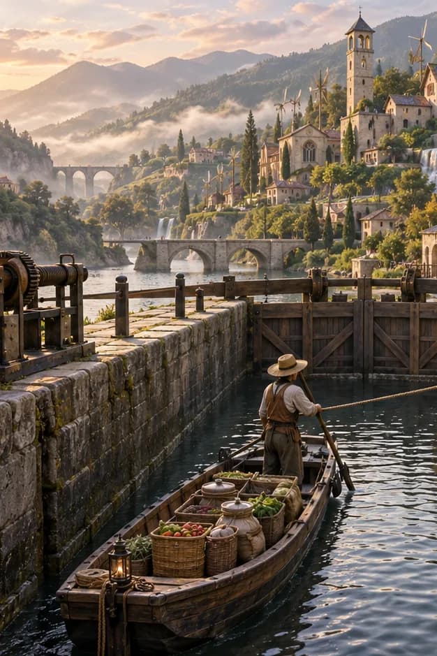 Residents guide a cargo skiff through a stone canal lock below medieval towers, solar roofs and planted terraces.