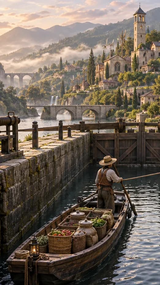 Residents guide a cargo skiff through a stone canal lock below medieval towers, solar roofs and planted terraces.
