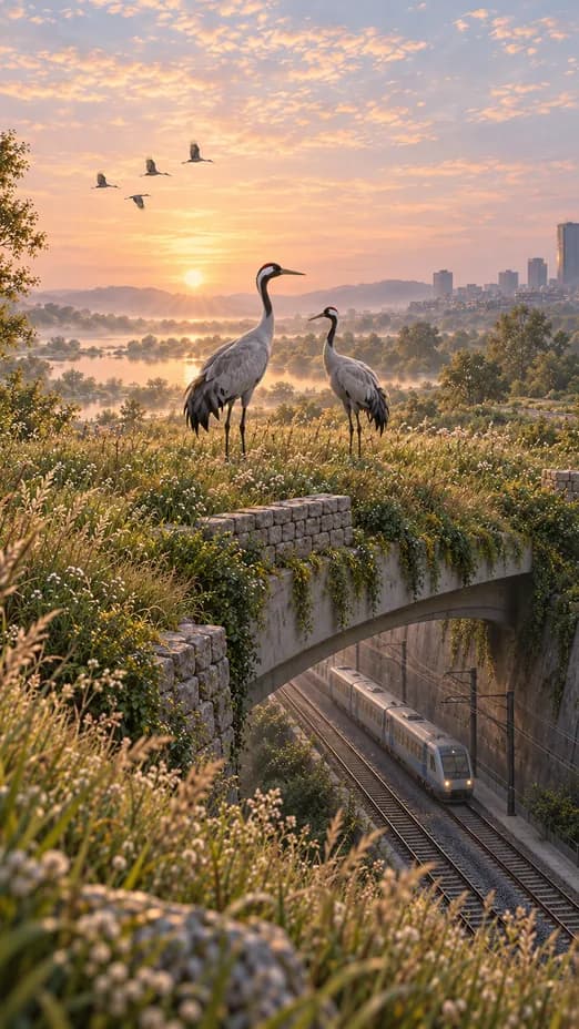 Two cranes stand on a meadow bridge above a railway cutting, with a misty lake and distant city at dawn.