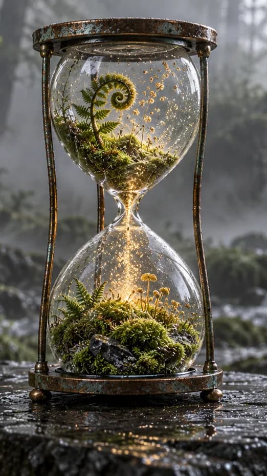 Golden spores fall through a copper-framed glass hourglass into miniature moss and ferns beside a misty waterfall.