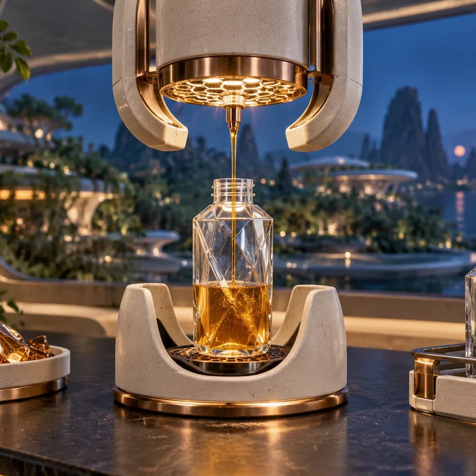 An ivory dispensing head fills a faceted bottle with amber liquid beside glass chips and matching empty vessels.