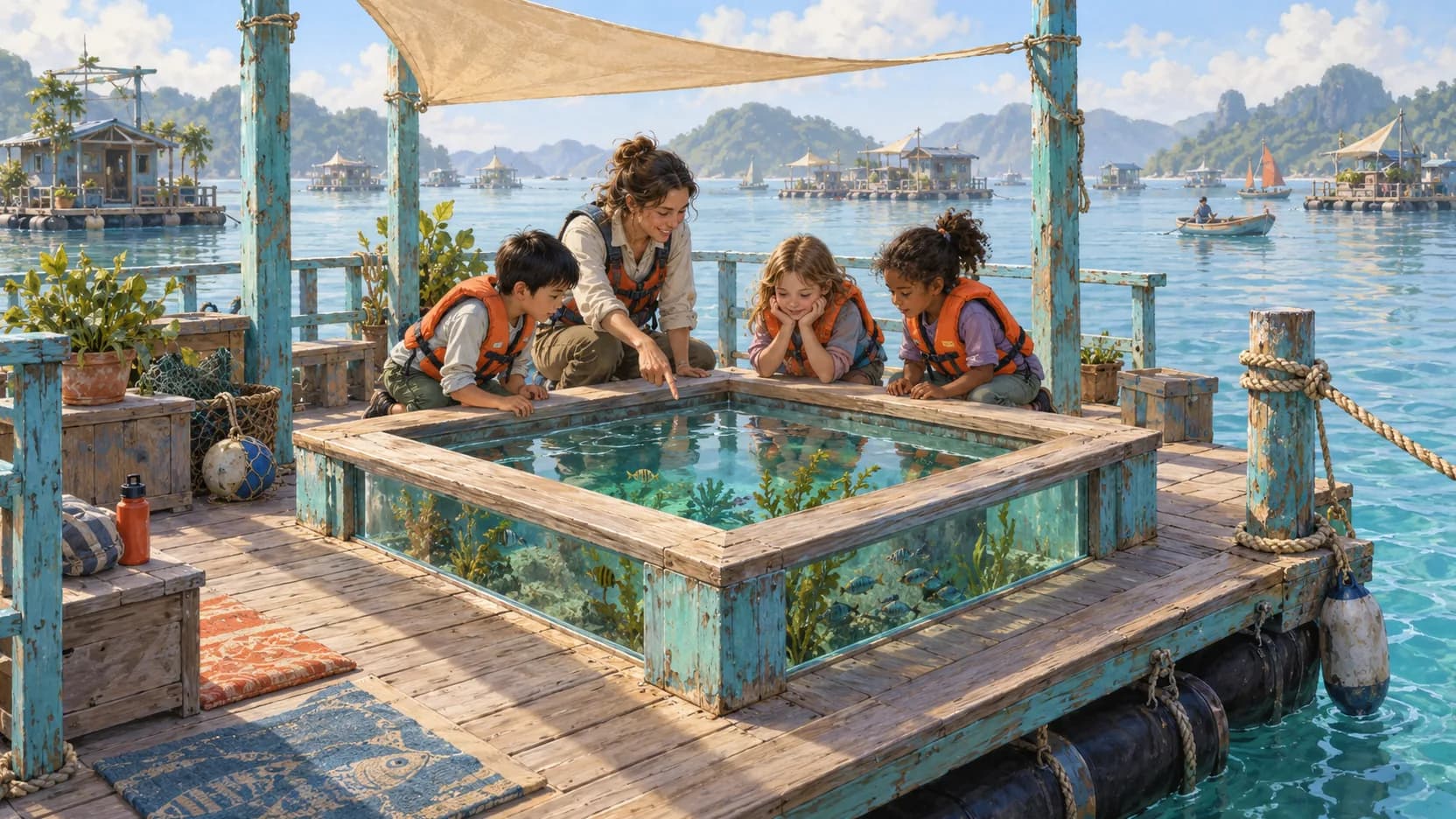Three children and a teacher observe fish in a glass-sided pool on a floating wooden classroom deck.