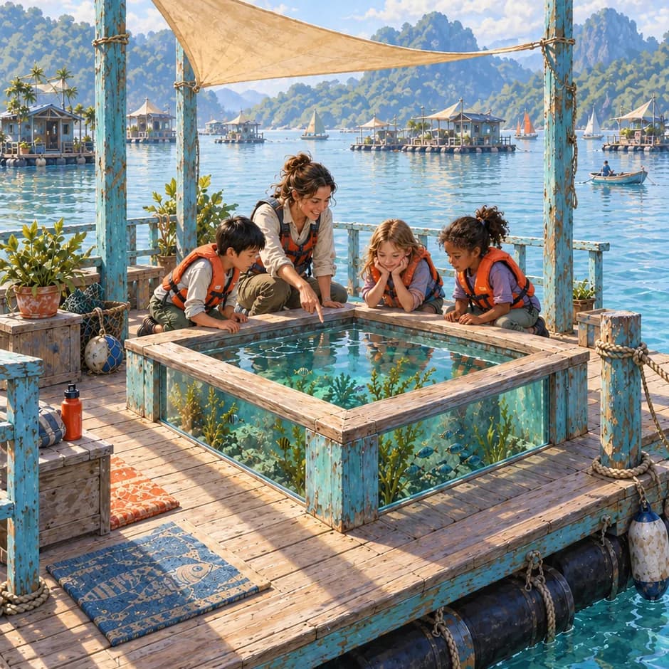 Three children and a teacher observe fish in a glass-sided pool on a floating wooden classroom deck.