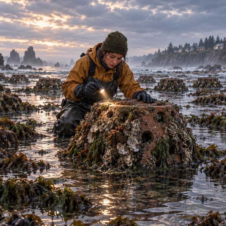 A worker shines a flashlight on an oyster-covered terracotta module in a rocky coastal tide pool.