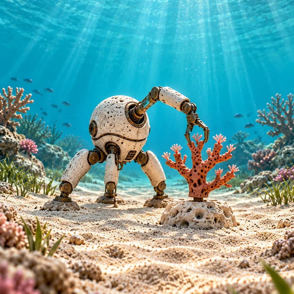 A three-legged ivory robot steadies a terracotta coral support with pink tips on a sunlit seabed.