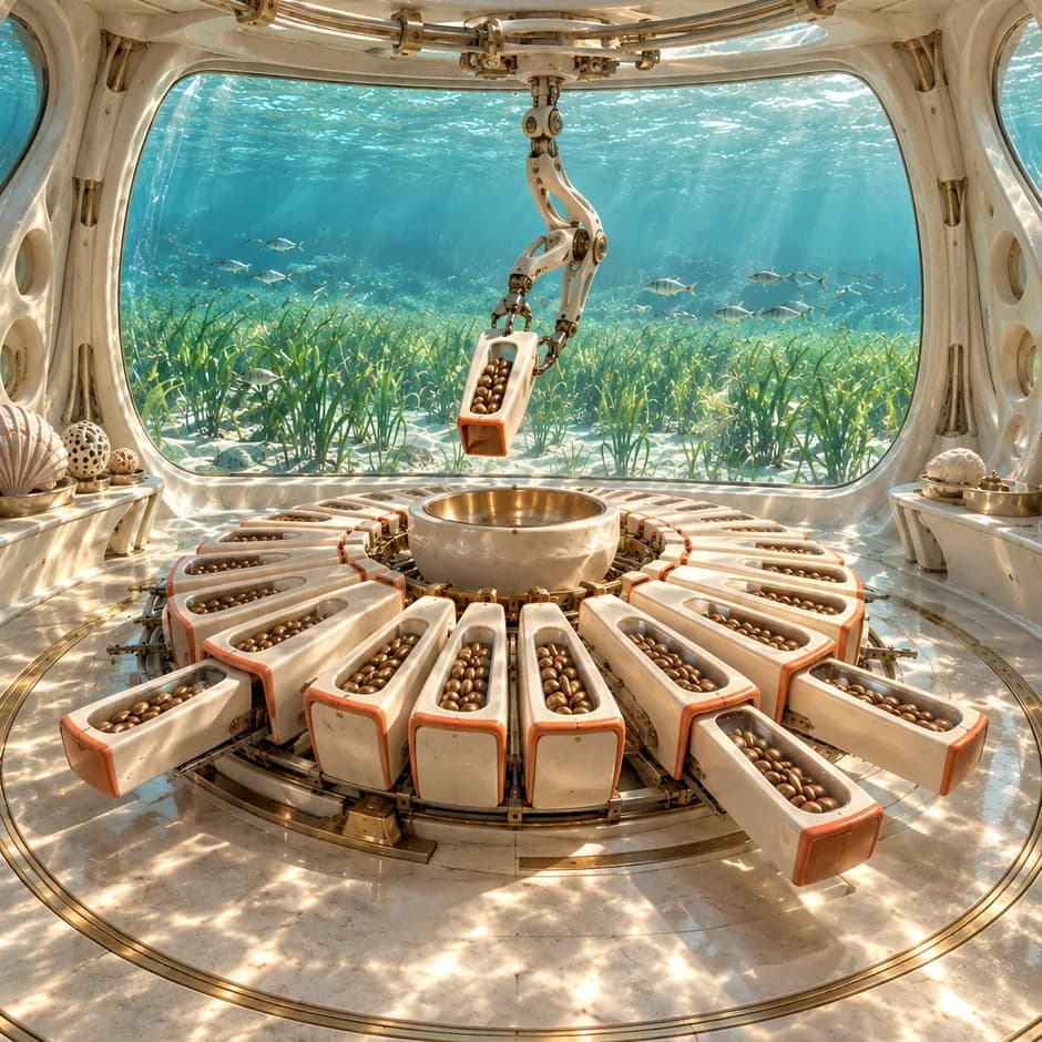 A robotic arm lifts a seed cassette above a circular archive, facing an underwater seagrass meadow.