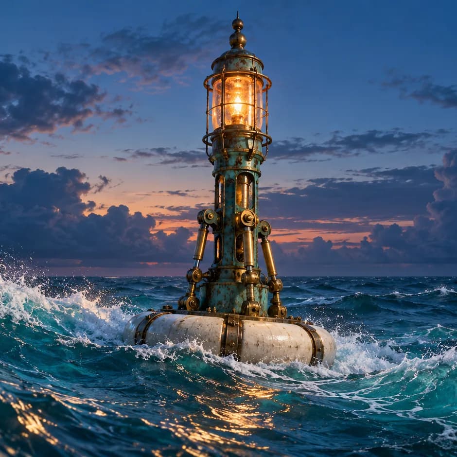 An amber lantern crowns a copper wave-energy buoy amid turquoise waves beneath a blue evening sky.