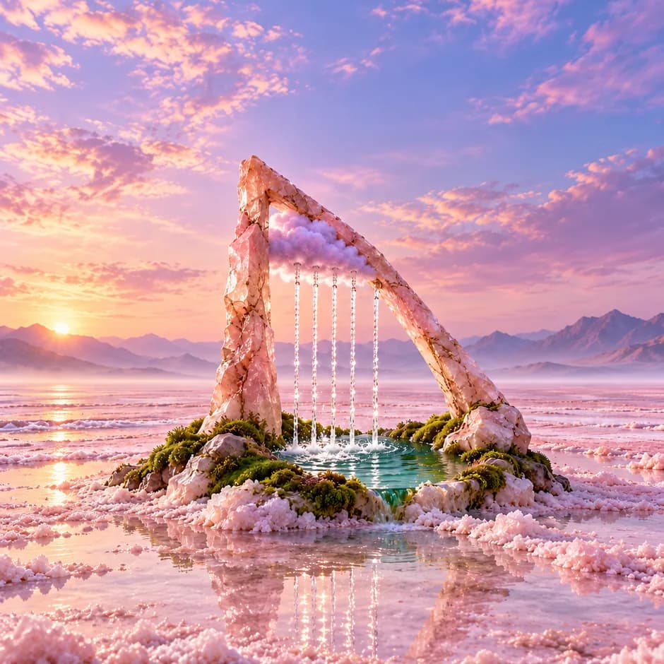 A rose-quartz harp holds a lavender cloud and falling water above a mossy pool on pink salt flats.