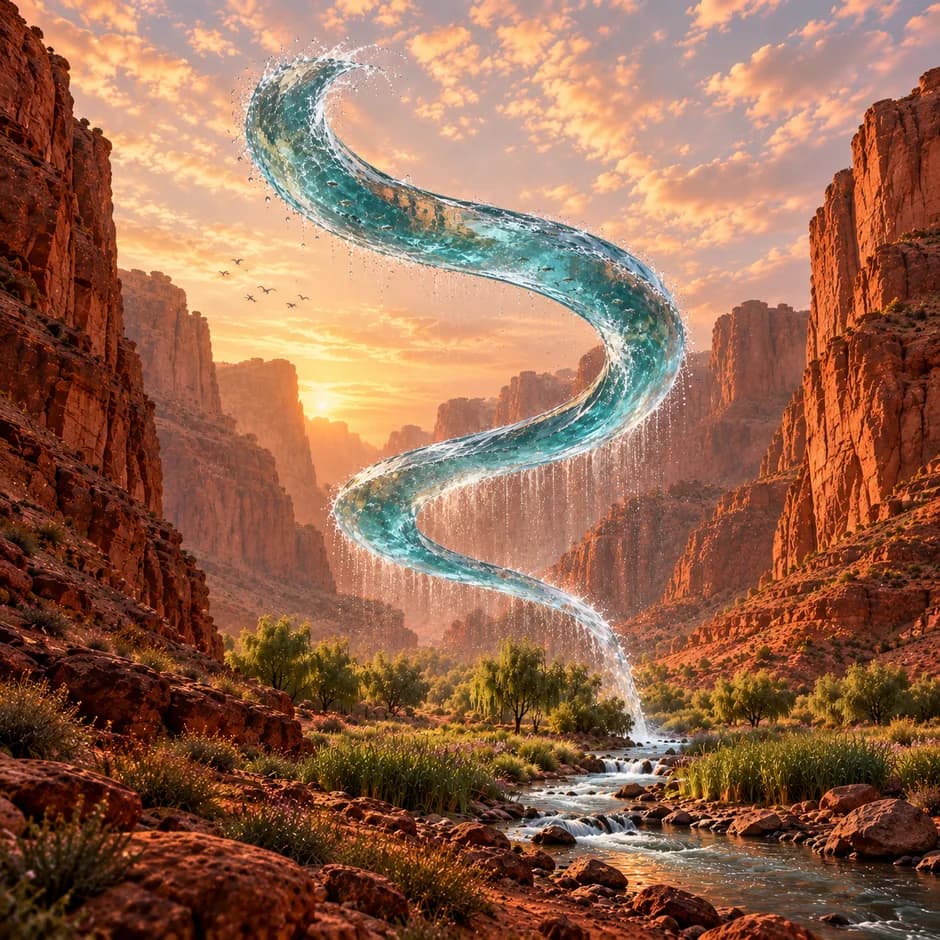 A turquoise river curls through the air above a red canyon, raining onto trees and reeds beside a narrow stream.