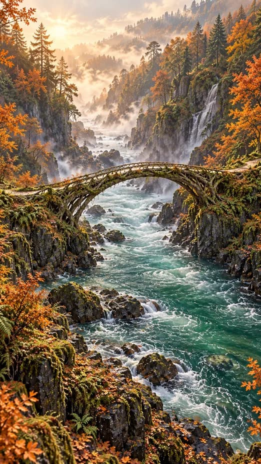 Braided living roots form an arched footbridge above an emerald river between mossy basalt cliffs.