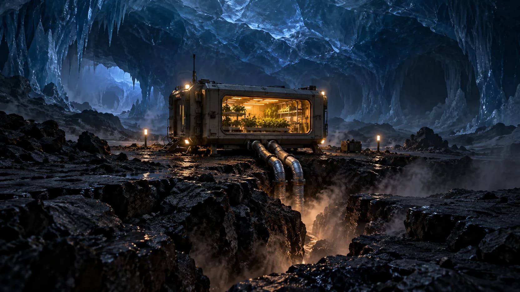 An amber-lit garden habitat stands in a blue ice cavern, with two insulated pipes descending into a steaming fissure.