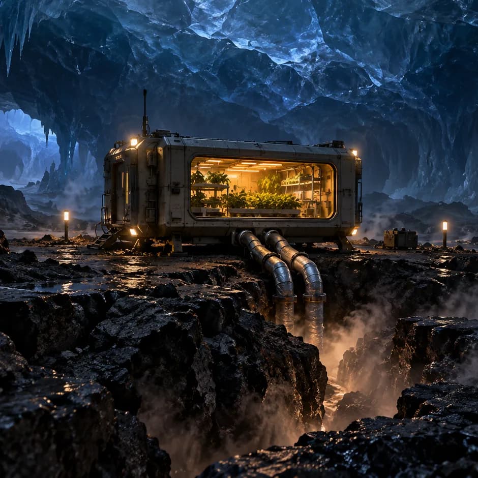 An amber-lit garden habitat stands in a blue ice cavern, with two insulated pipes descending into a steaming fissure.
