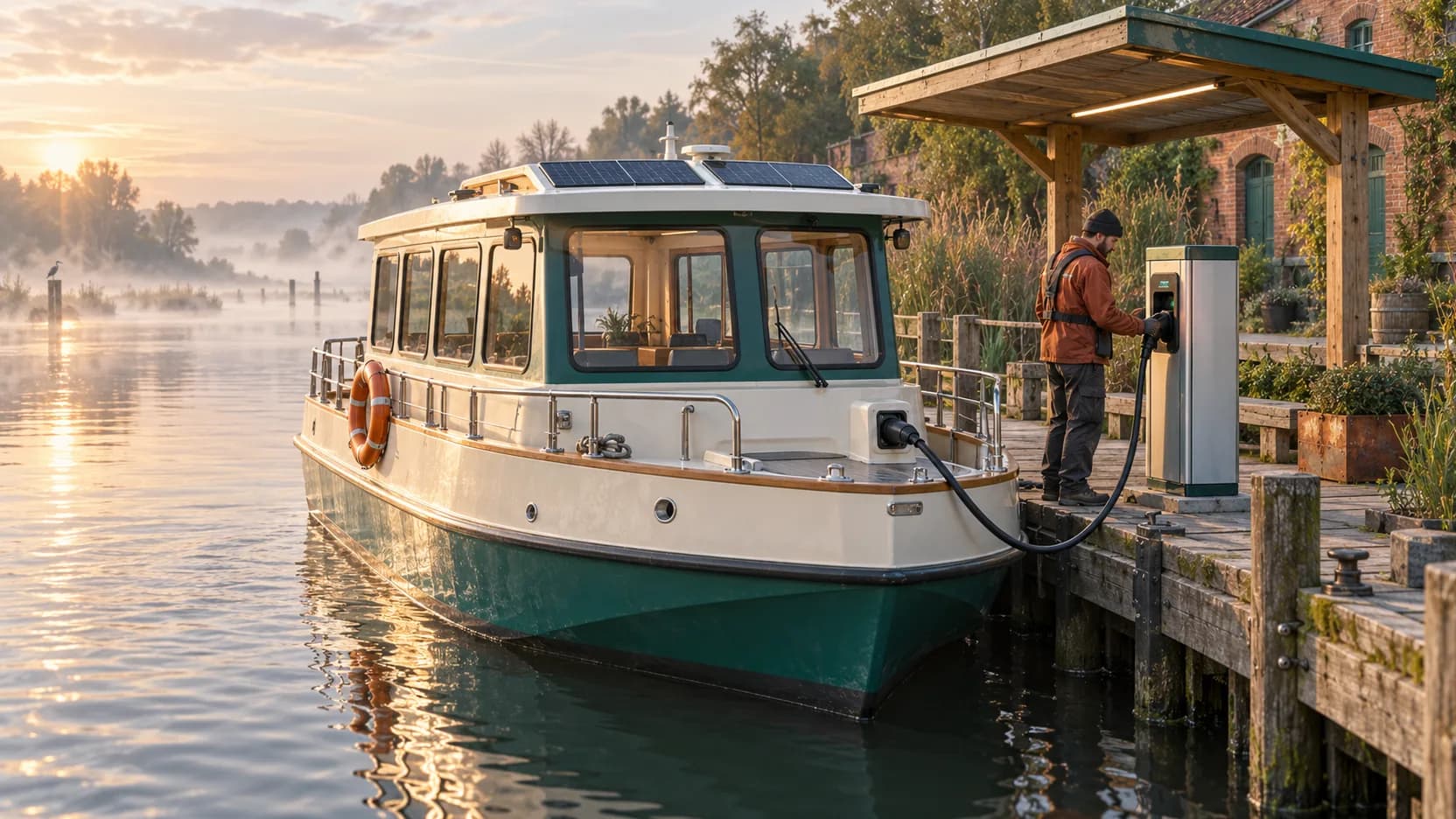 A cream-and-teal ferry connects by cable to a dockside charging pedestal while a deckhand checks the equipment.