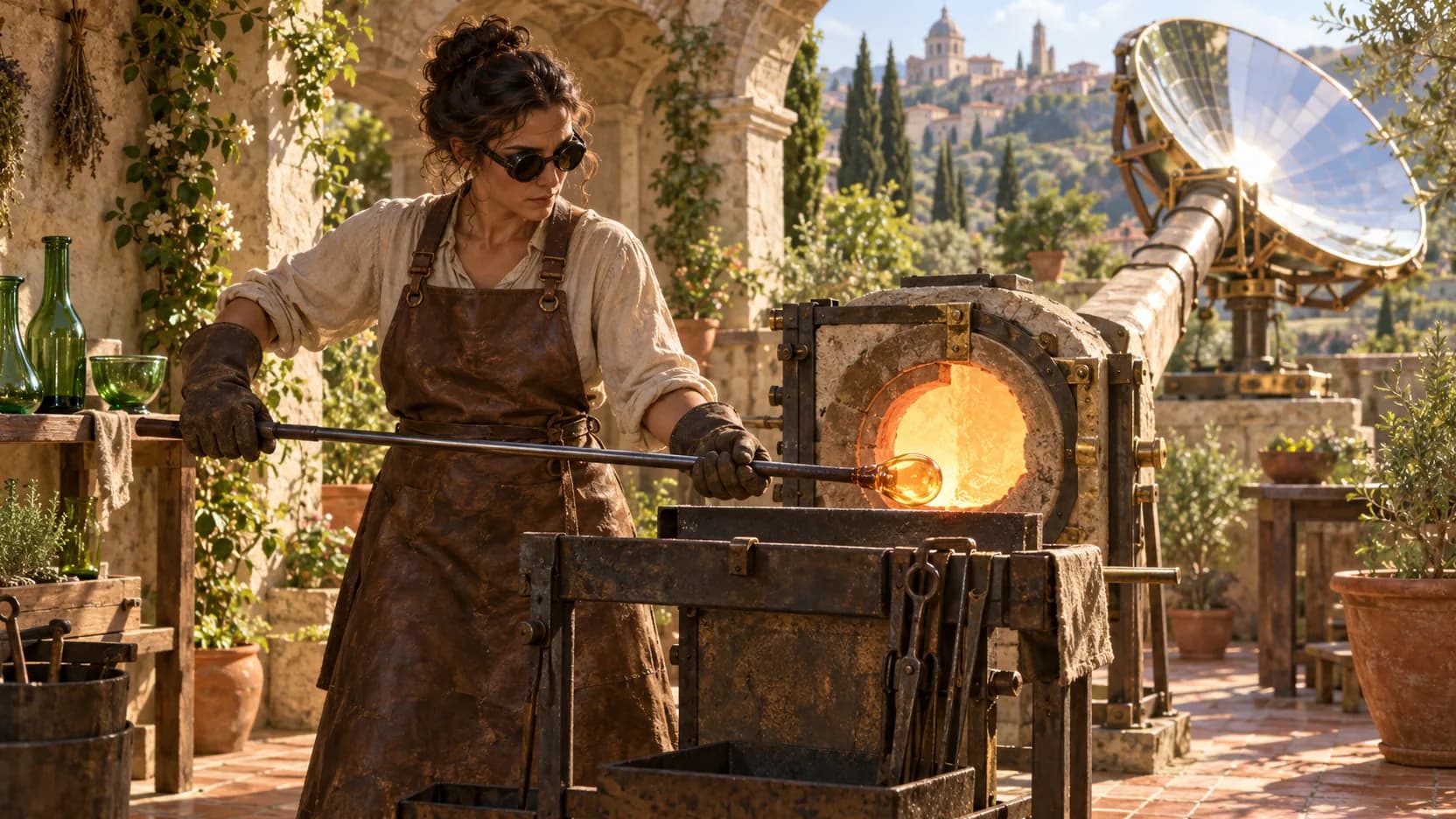 A glassworker holds glowing amber glass beside a round furnace linked to a solar mirror in a stone courtyard.