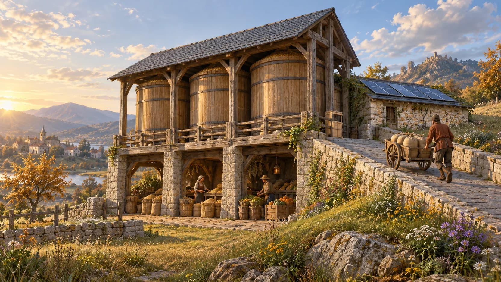 Three timber grain bins rise above market bays as a resident pushes a sack-filled handcart up a stone ramp.
