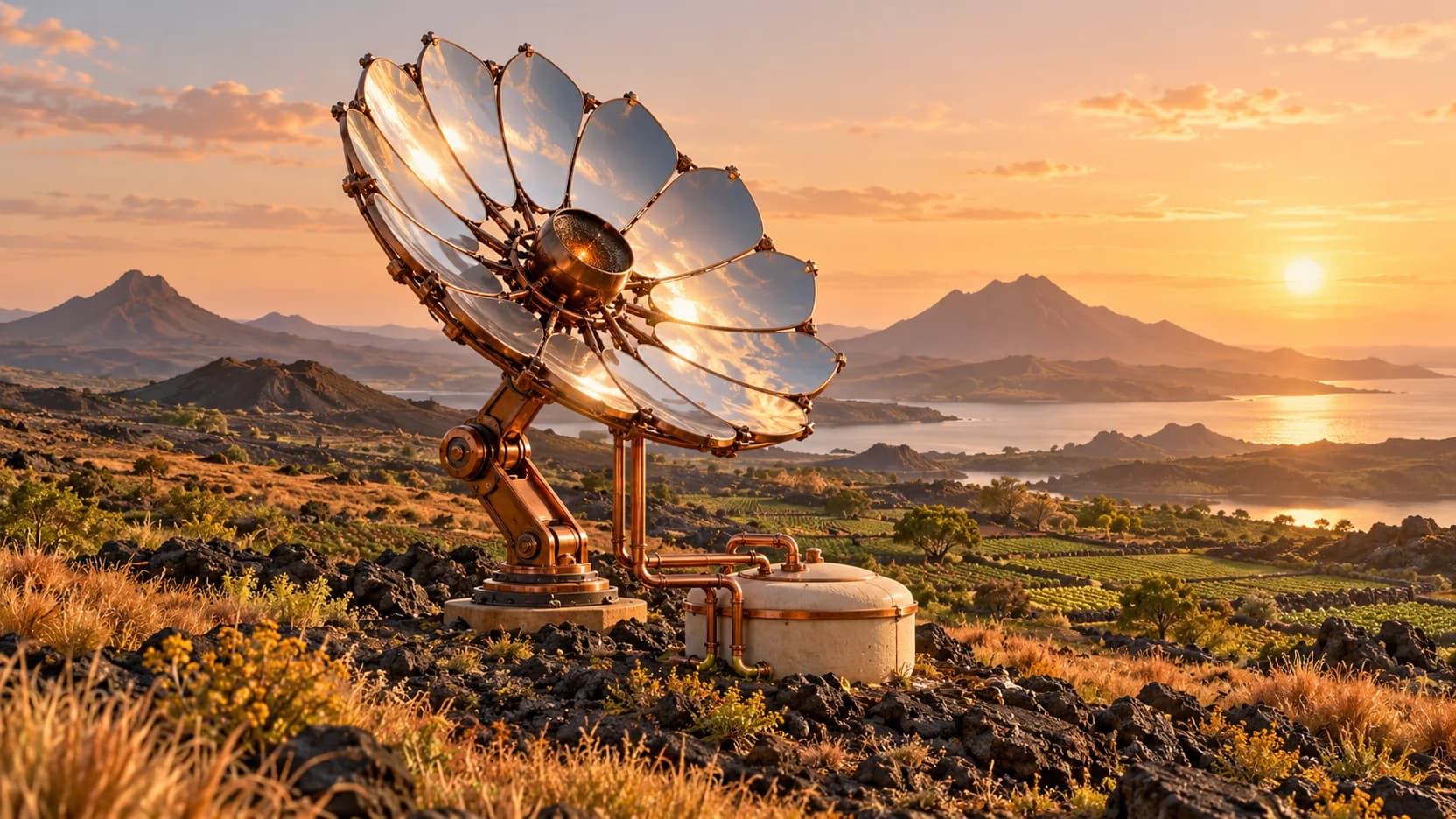 Silver mirror petals surround a copper receiver above a ceramic vessel on a volcanic hillside at sunset.