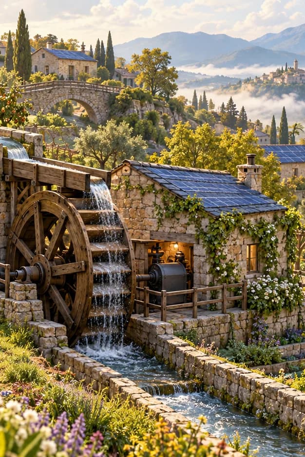 A stone orchard aqueduct feeds a wooden waterwheel beside a generator house with solar panels.