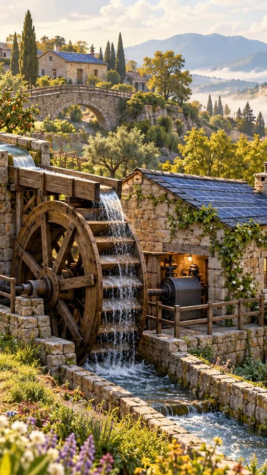 A stone orchard aqueduct feeds a wooden waterwheel beside a generator house with solar panels.