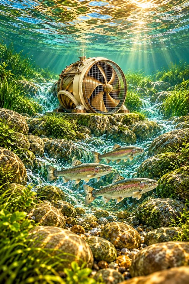 Three silver trout swim through a rocky river channel beside a screened bronze and ivory turbine.