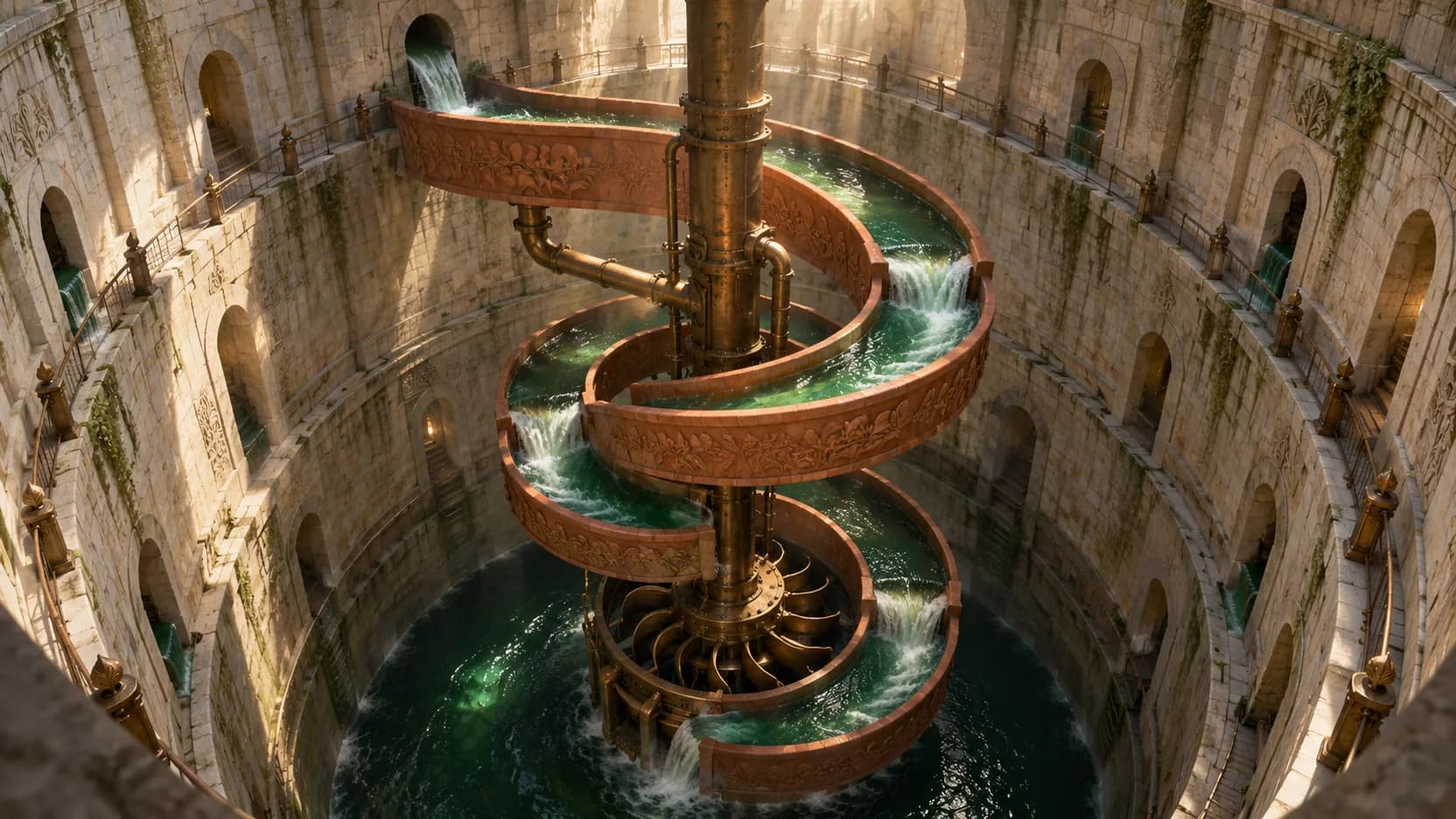 Emerald water descends through a terracotta spiral around a bronze turbine inside a tall limestone shaft.