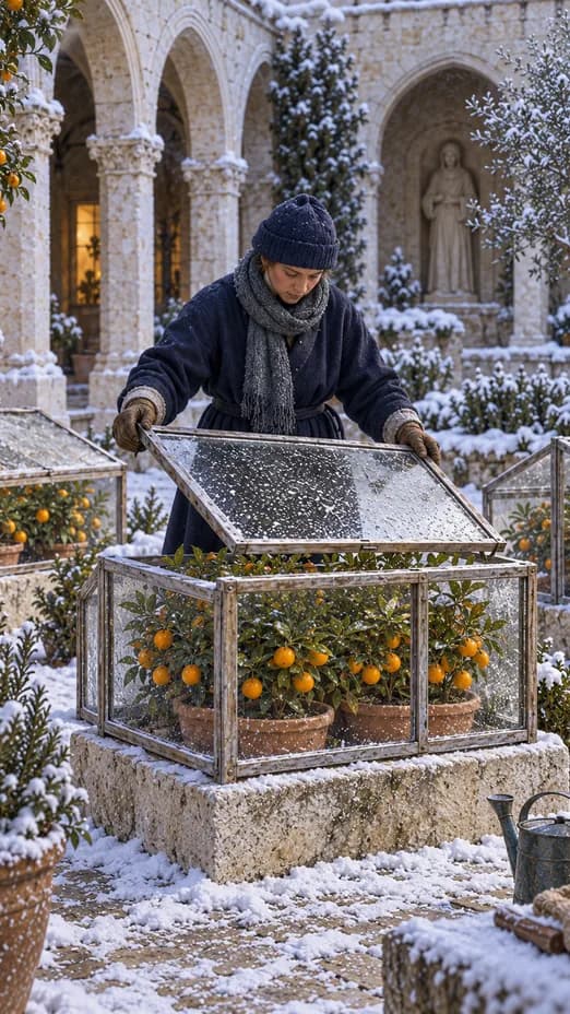 An indigo-clad gardener lowers a glass cover over orange trees in a snowy stone cloister.