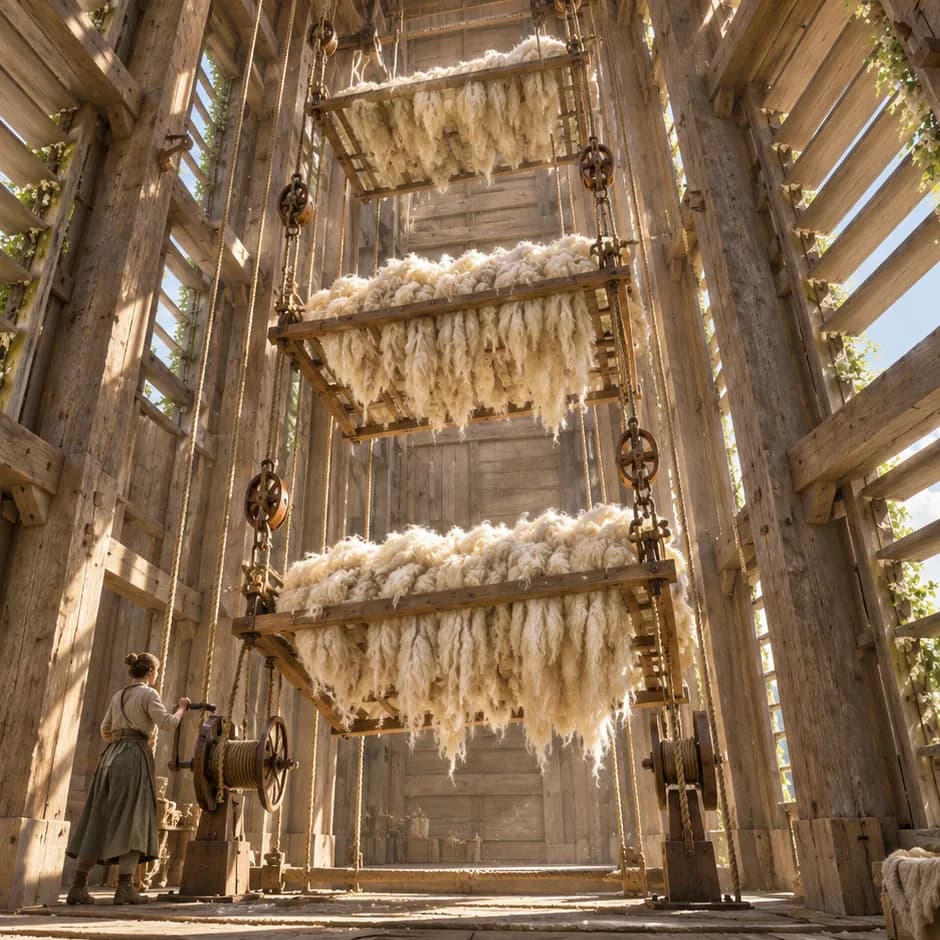 A worker operates a hand crank beneath three wool-filled pulley racks inside a sunlit timber drying tower.