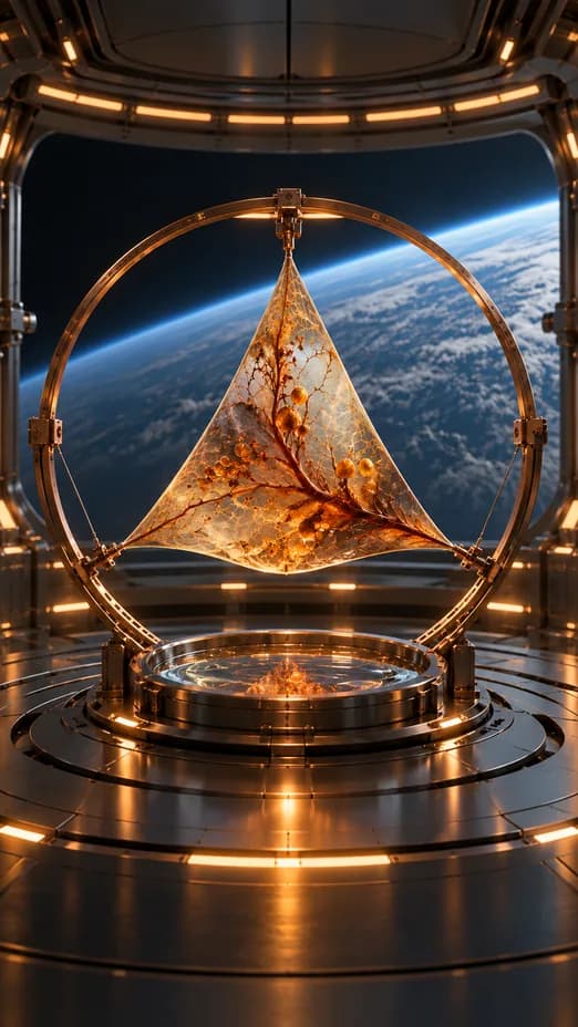An amber-veined triangular membrane hangs in a copper hoop inside a laboratory overlooking a planet.