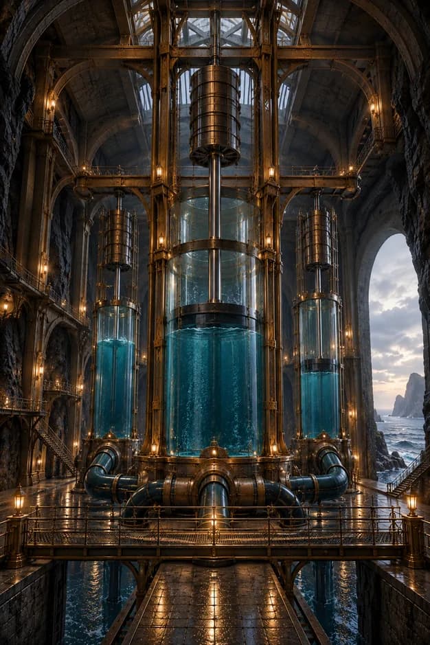 Bronze-framed water columns and suspended weights fill a cavernous coastal energy hall beside an open sea arch.