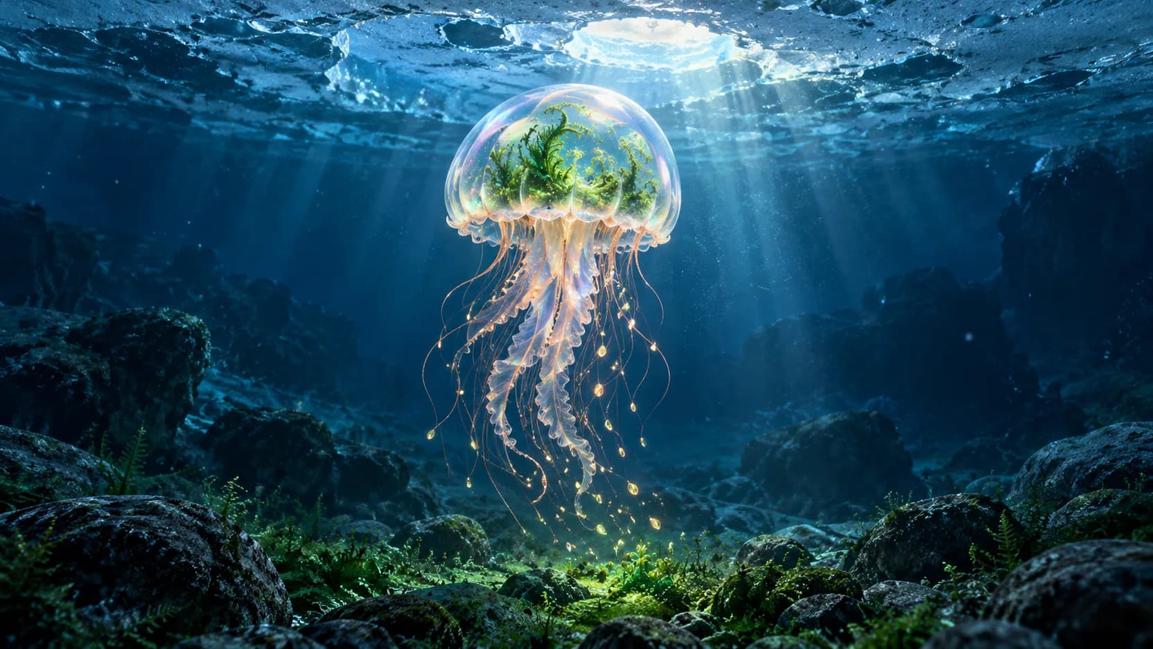 A translucent jellyfish carries green fronds beneath blue ice, trailing golden filaments toward the lakebed.