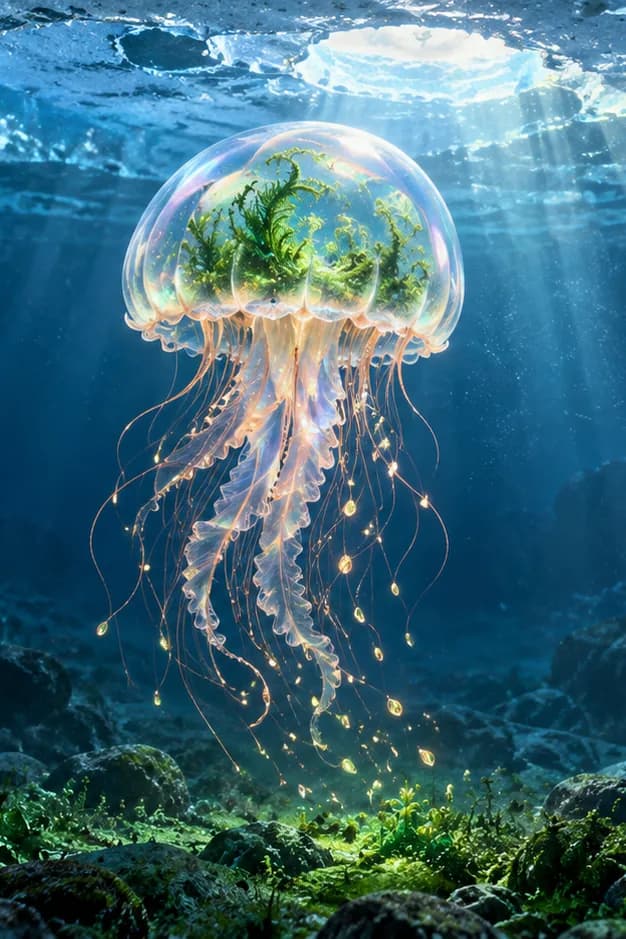 A translucent jellyfish carries green fronds beneath blue ice, trailing golden filaments toward the lakebed.