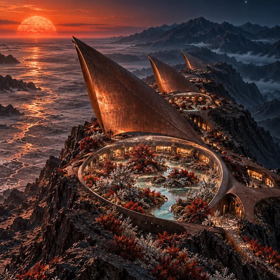 Copper shade vanes shelter garden courts along a basalt ridge between an orange star and dark alien mountains.