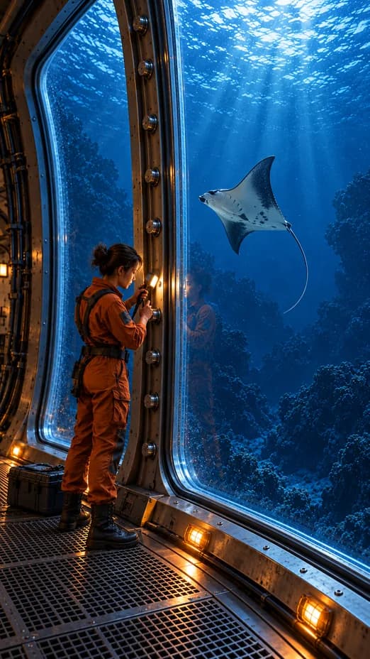 A technician checks a bolted underwater habitat window with a lamp as a ray passes outside in blue water.