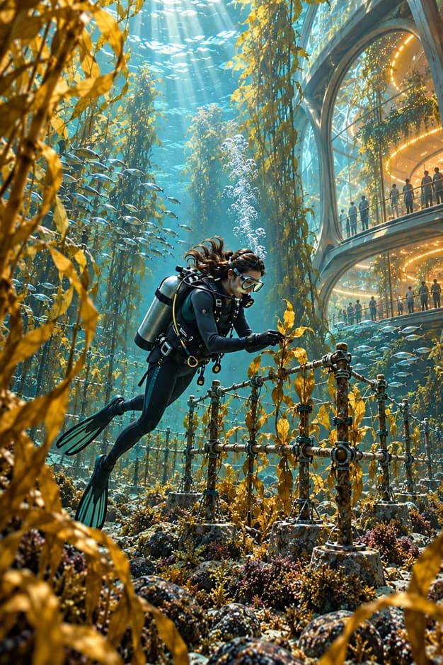 A diver inspects young kelp on a nursery frame beside a glowing underwater observation hall.