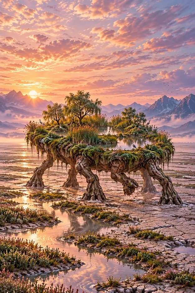 A wetland island with reed pools and small trees walks on root-like legs across a salt flat at dawn.