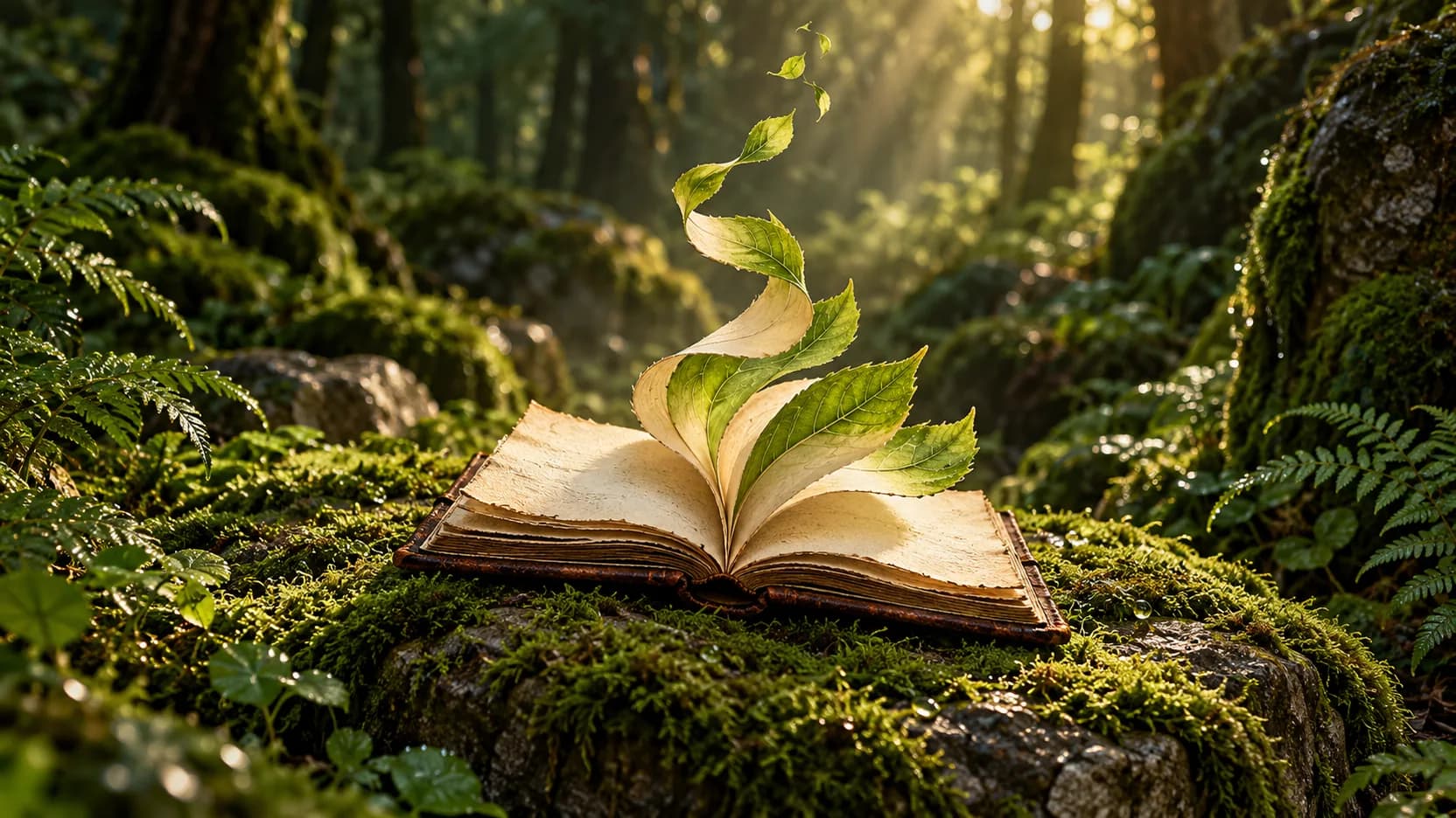Blank pages of an open leather book curl into green leaves above moss and ferns in a sunlit forest.
