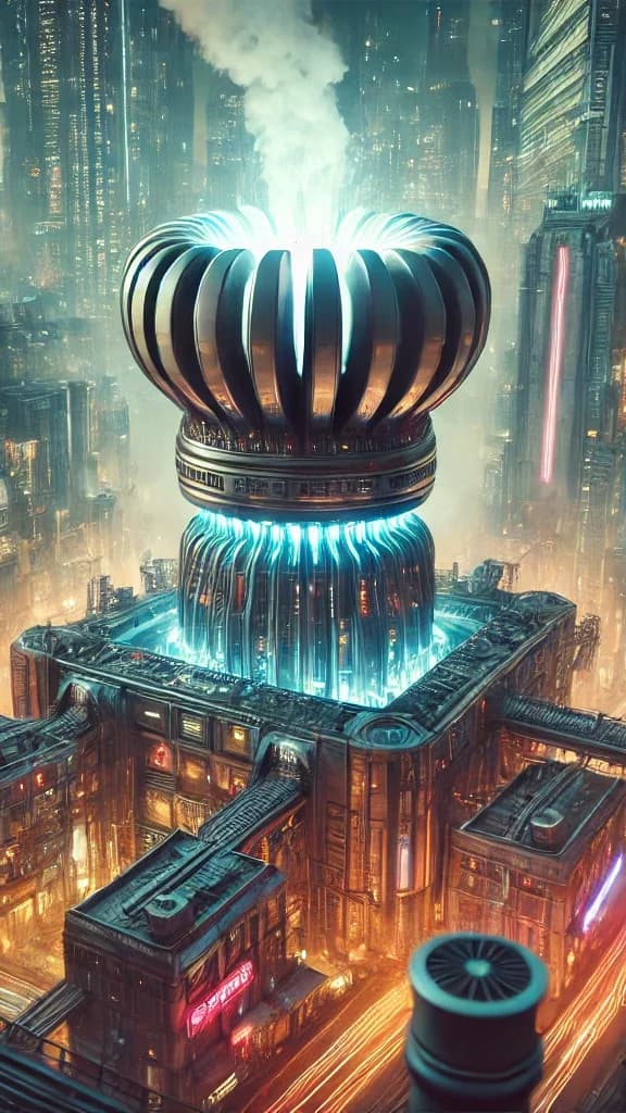 Bird's-eye Victorian-cyberpunk city centered on a brass mushroom fusion turbine with cyan-glowing base, steam from the rotor