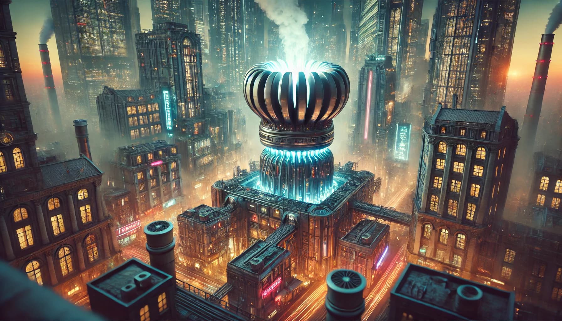Bird's-eye Victorian-cyberpunk city centered on a brass mushroom fusion turbine with cyan-glowing base, steam from the rotor