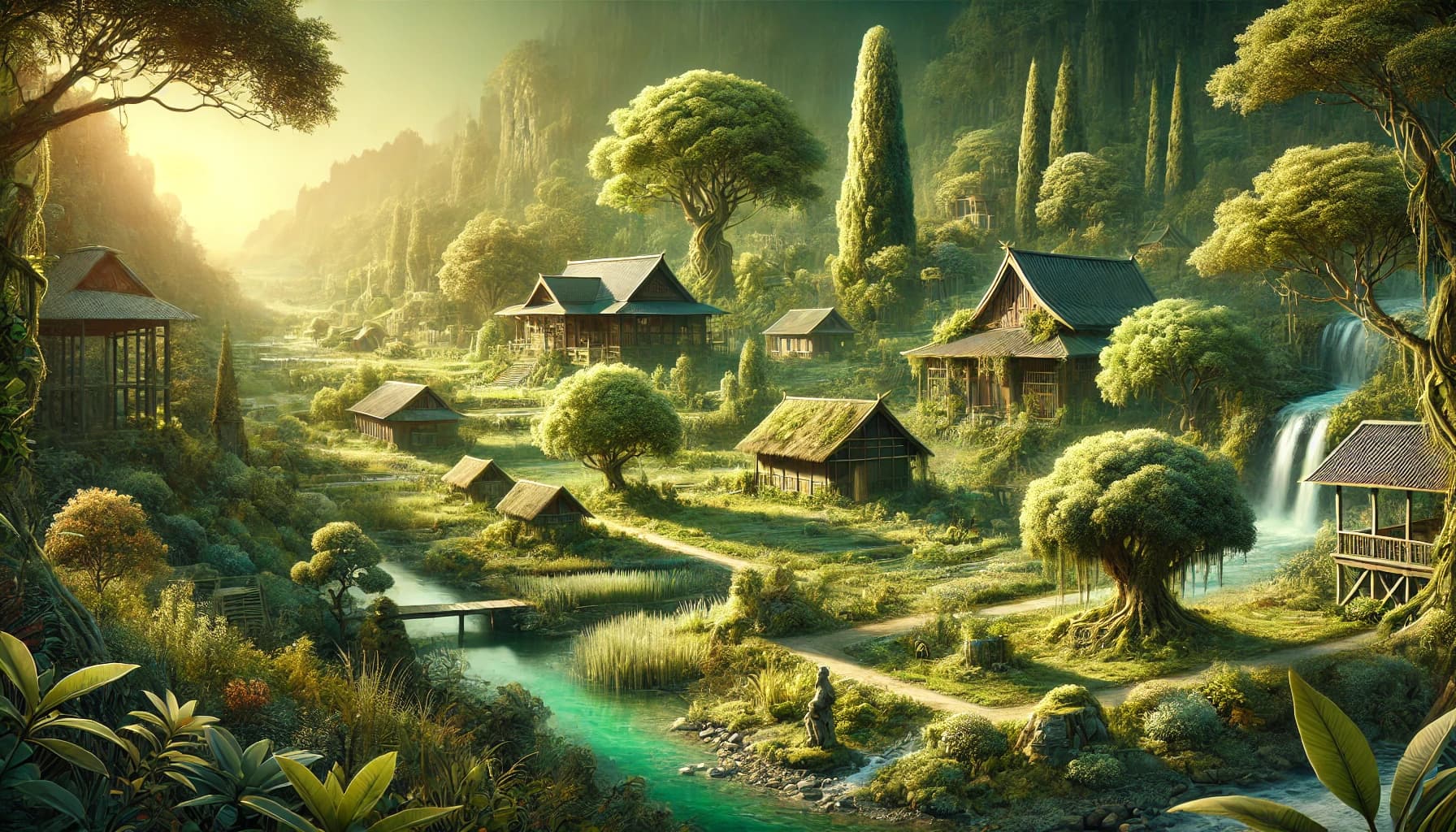 A mountain village of dark-roofed wooden cottages in Korean hanok or Japanese minka style, with a creek and small waterfall