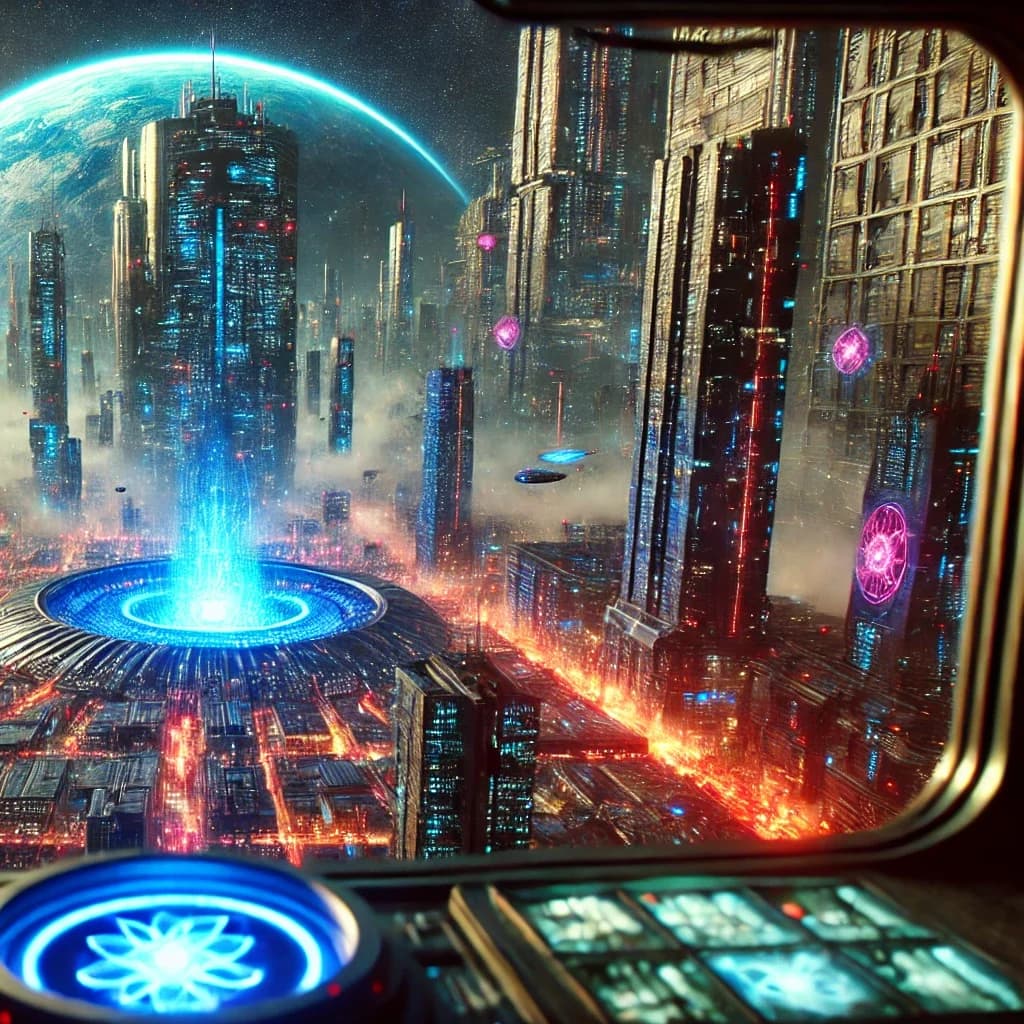 A cyberpunk city through a flying-vehicle windshield with HUD panels, central fusion beam, pink atom holograms, large moon