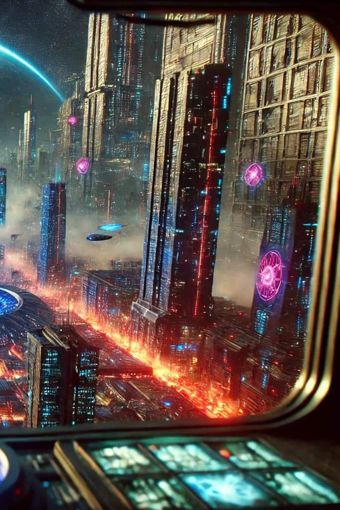 A cyberpunk city through a flying-vehicle windshield with HUD panels, central fusion beam, pink atom holograms, large moon