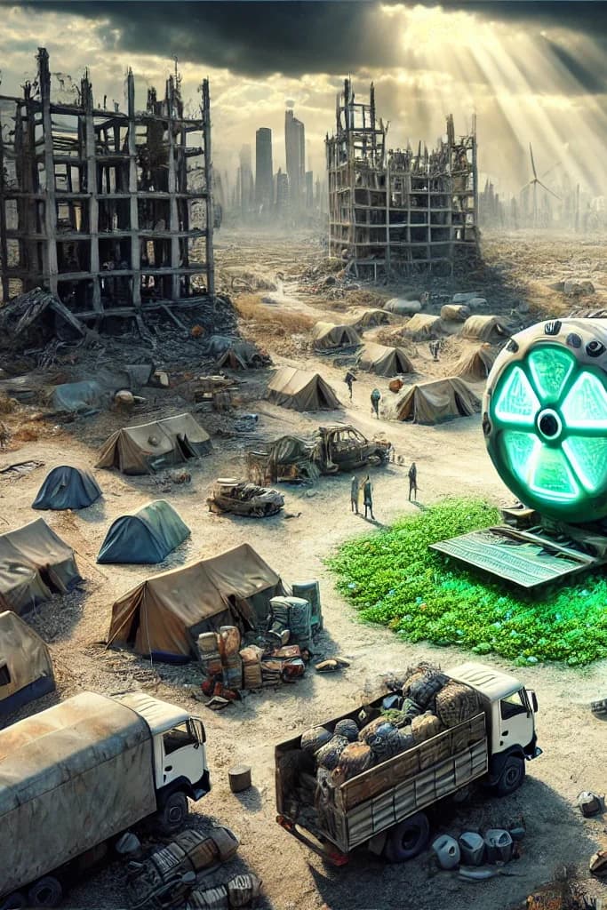 Bird's-eye refugee tent camp with ruined skyscraper skeletons, truck-mounted SMR with green-glowing porthole, a wind turbine