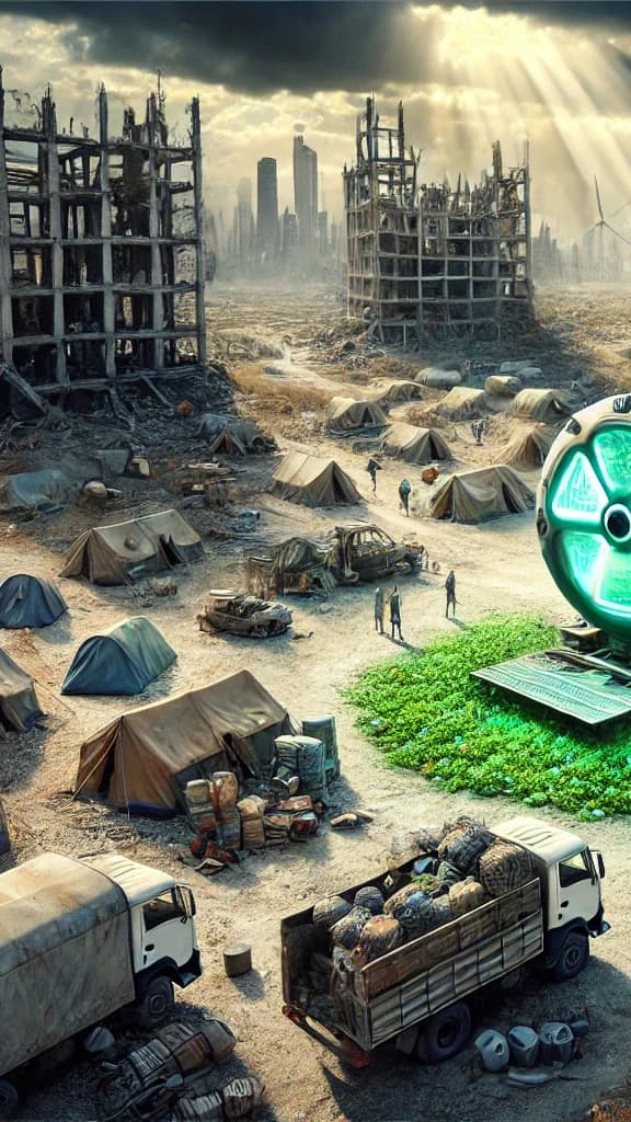 Bird's-eye refugee tent camp with ruined skyscraper skeletons, truck-mounted SMR with green-glowing porthole, a wind turbine