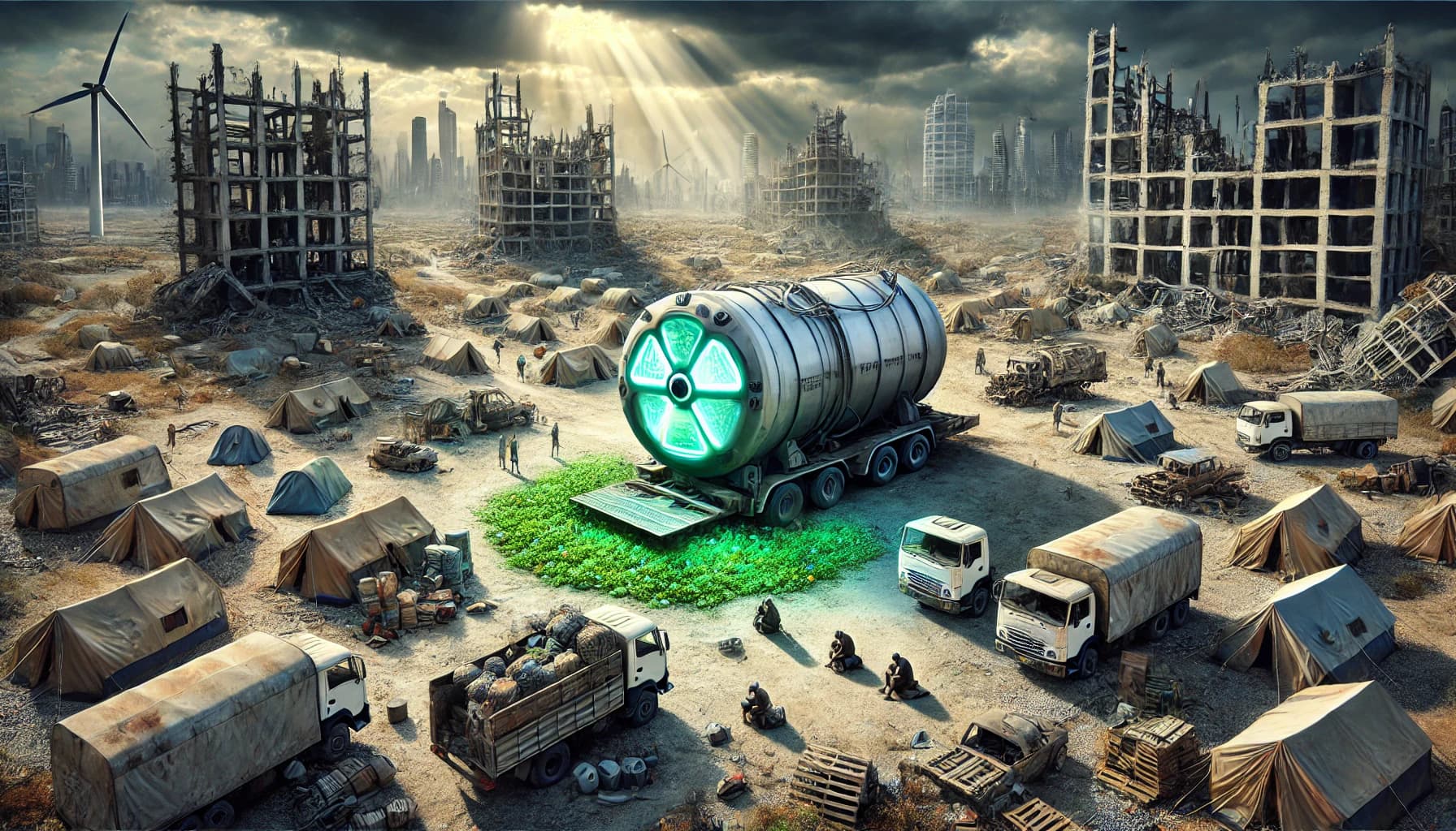 Bird's-eye refugee tent camp with ruined skyscraper skeletons, truck-mounted SMR with green-glowing porthole, a wind turbine