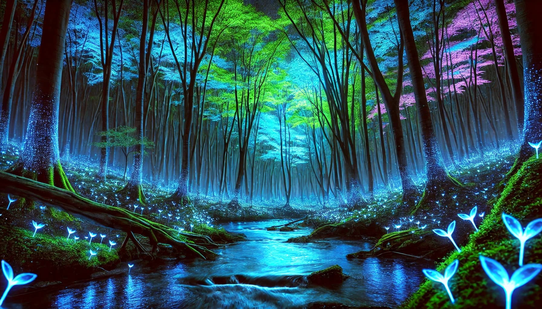 Painterly bioluminescent forest with blue trunks, pink leaves, cyan fern shoots, and a stream reflecting the canopy